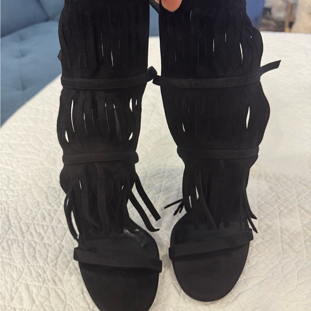 Gucci Black Fringe Suede Gladiator Tall Heels  Women's Sandals - new - Sz 35.5